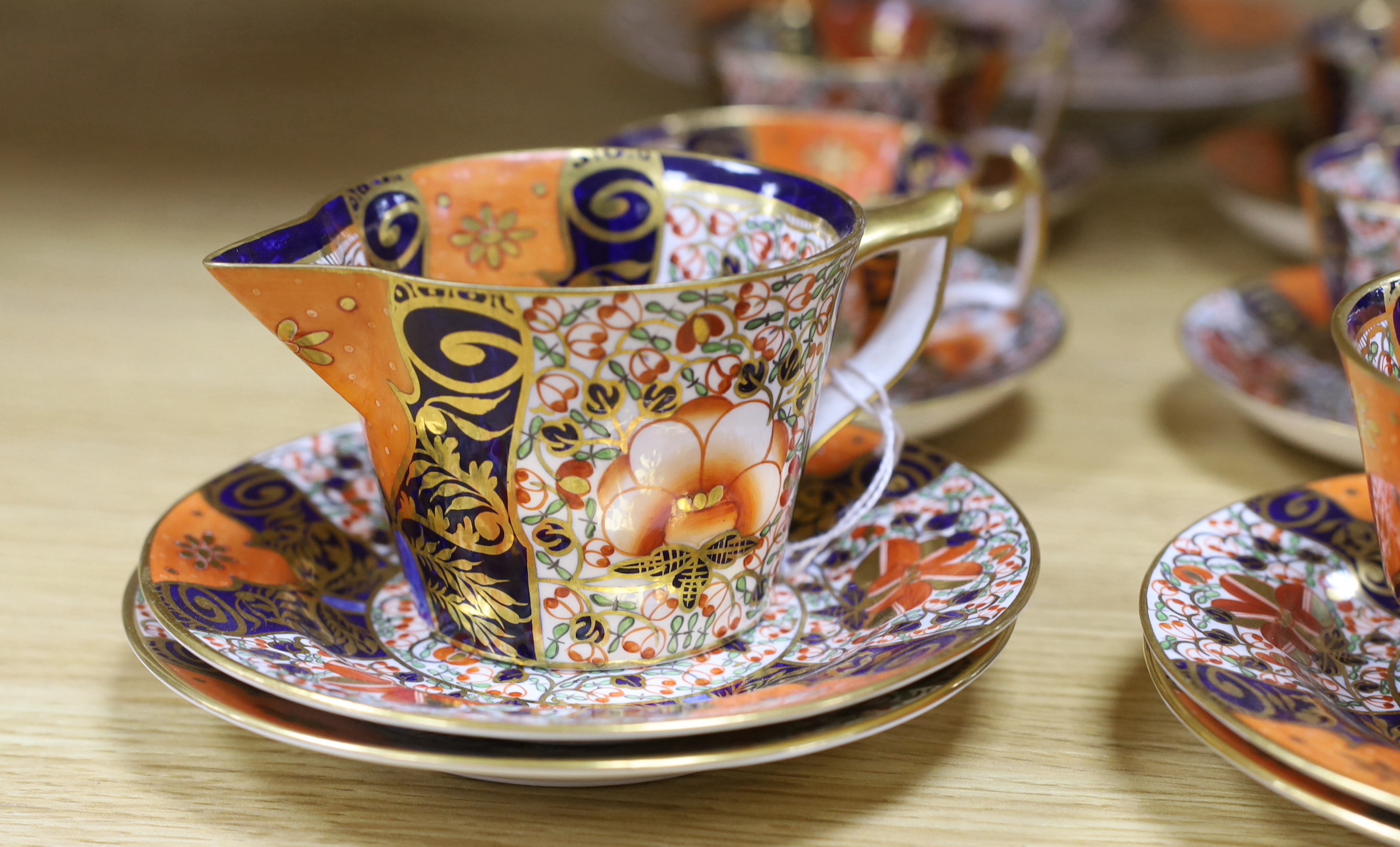 Sampson Hancock Derby King Street teaware - six London-shape cups, saucers, side plates, creamer, sugar bowl and two serving plates